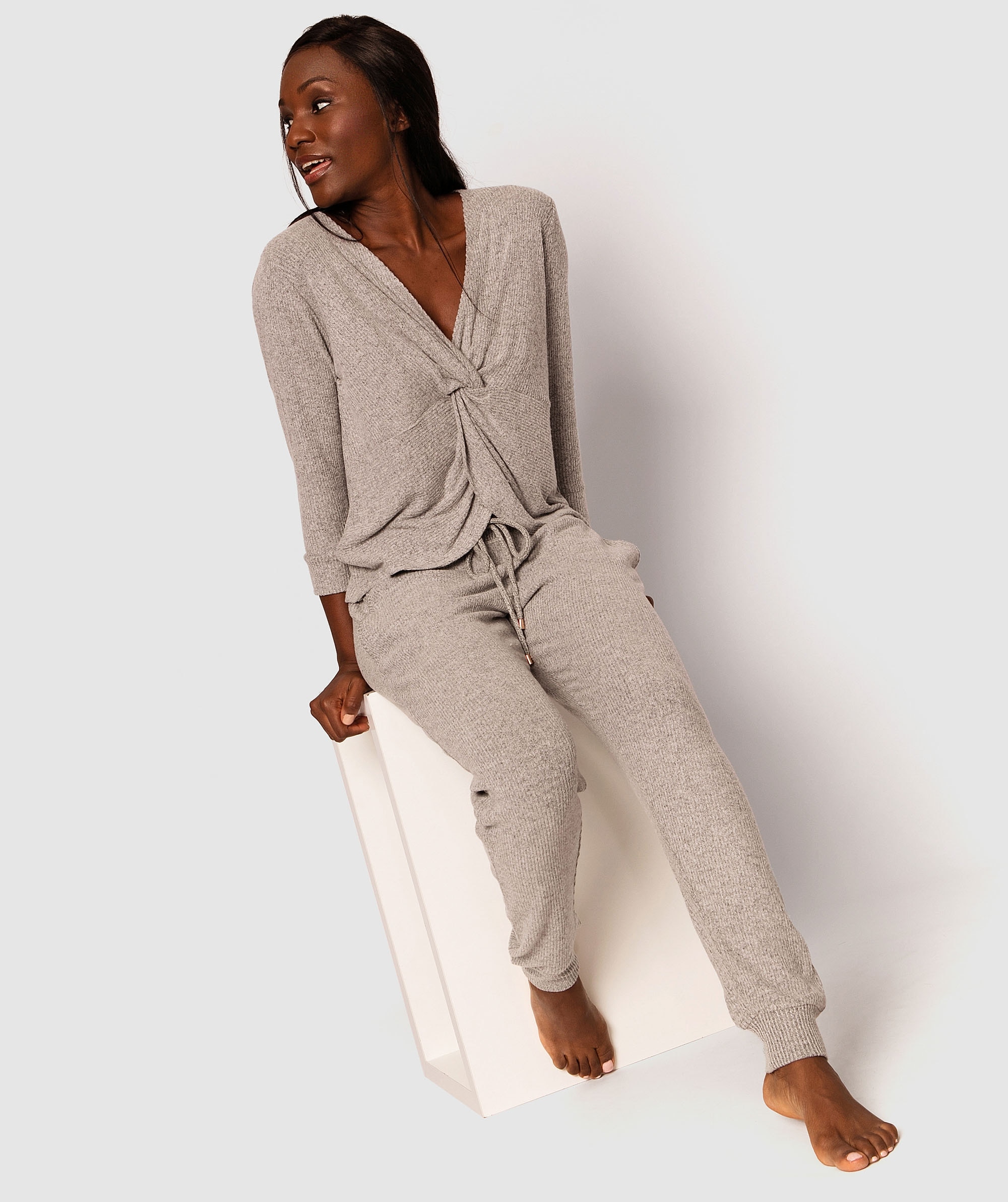 Twyla Long Sleeve Knot Front Top  - Grey 
