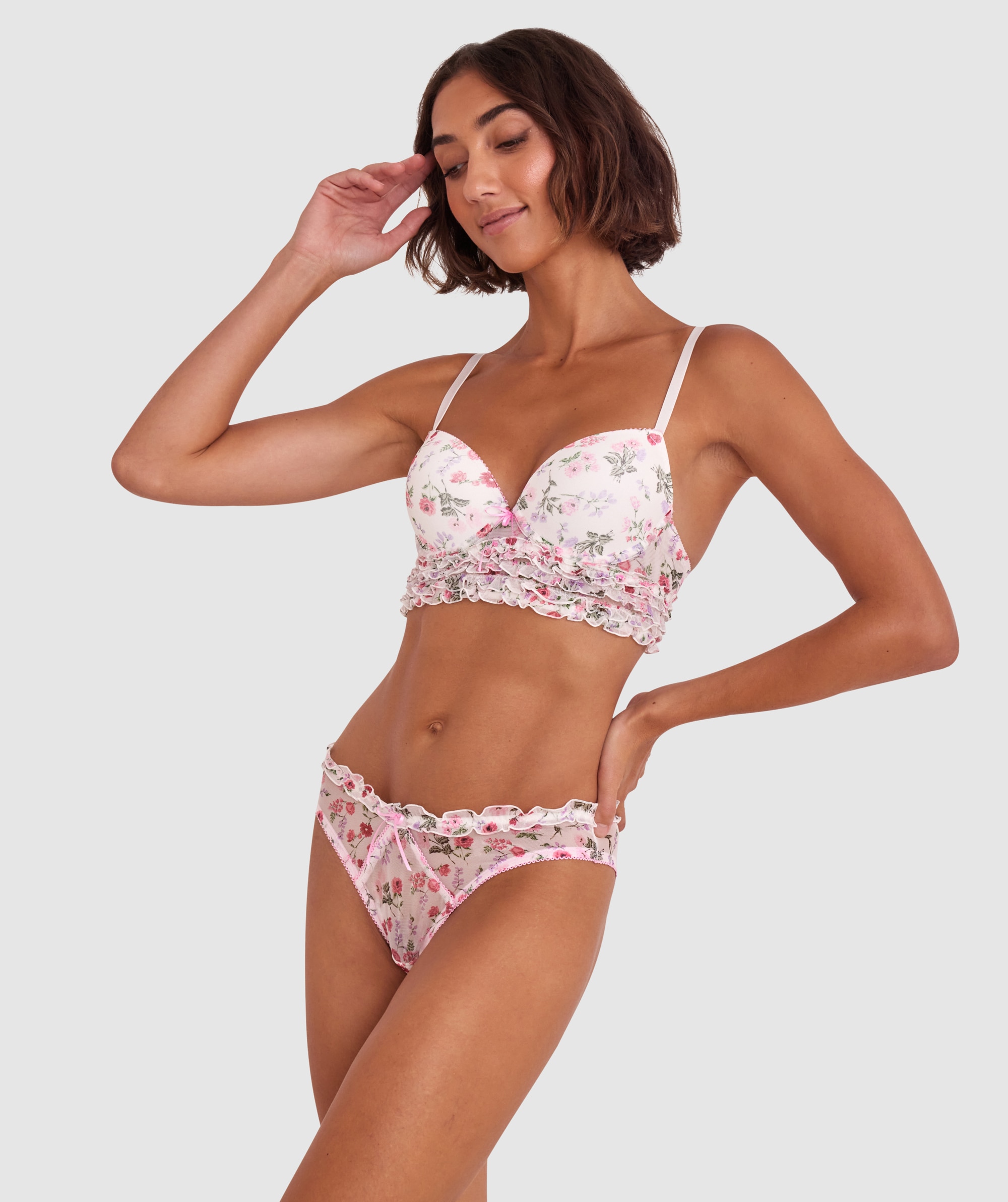 Mia Push Up Longline Bra - Ivory Floral Print