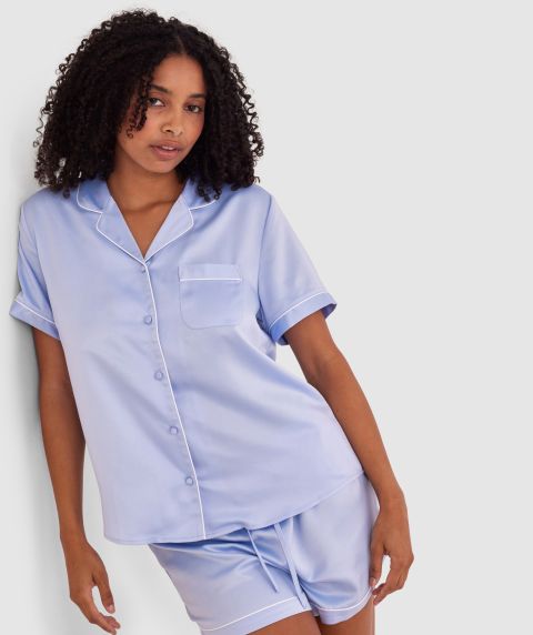 Liquid Satin Short Sleeve Shirt - Pale Blue/Ivory