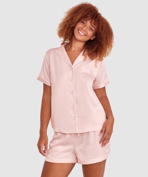 Liquid Satin Short Sleeve Shirt - Pale Pink/White