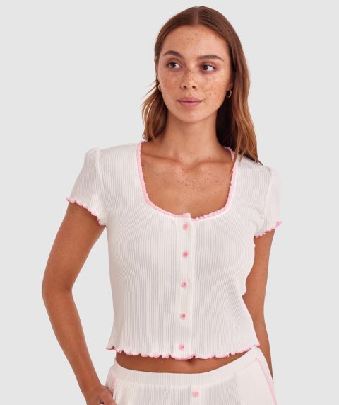 Sary Short Sleeve Cardi - Ivory/Pink