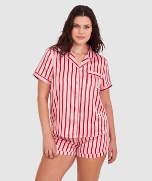 Liquid Satin Short Sleeve Shirt-Print Stripe