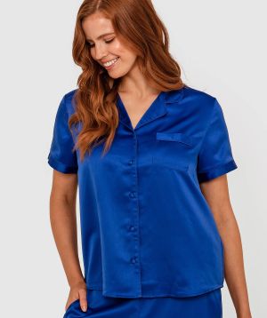 Liquid Satin Short Sleeve Shirt - Cobalt Blue