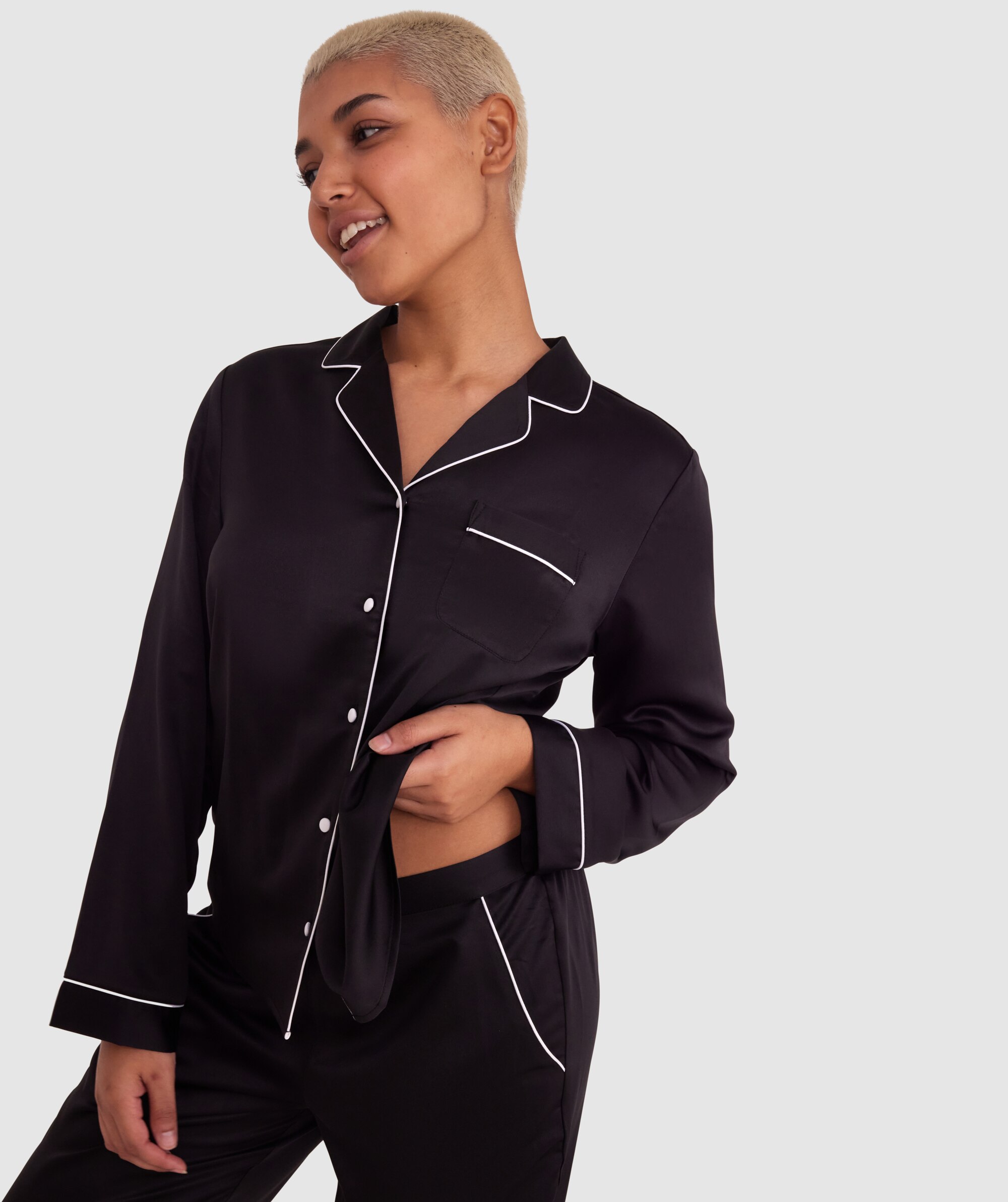 Liquid Satin Long Sleeve Shirt - Black