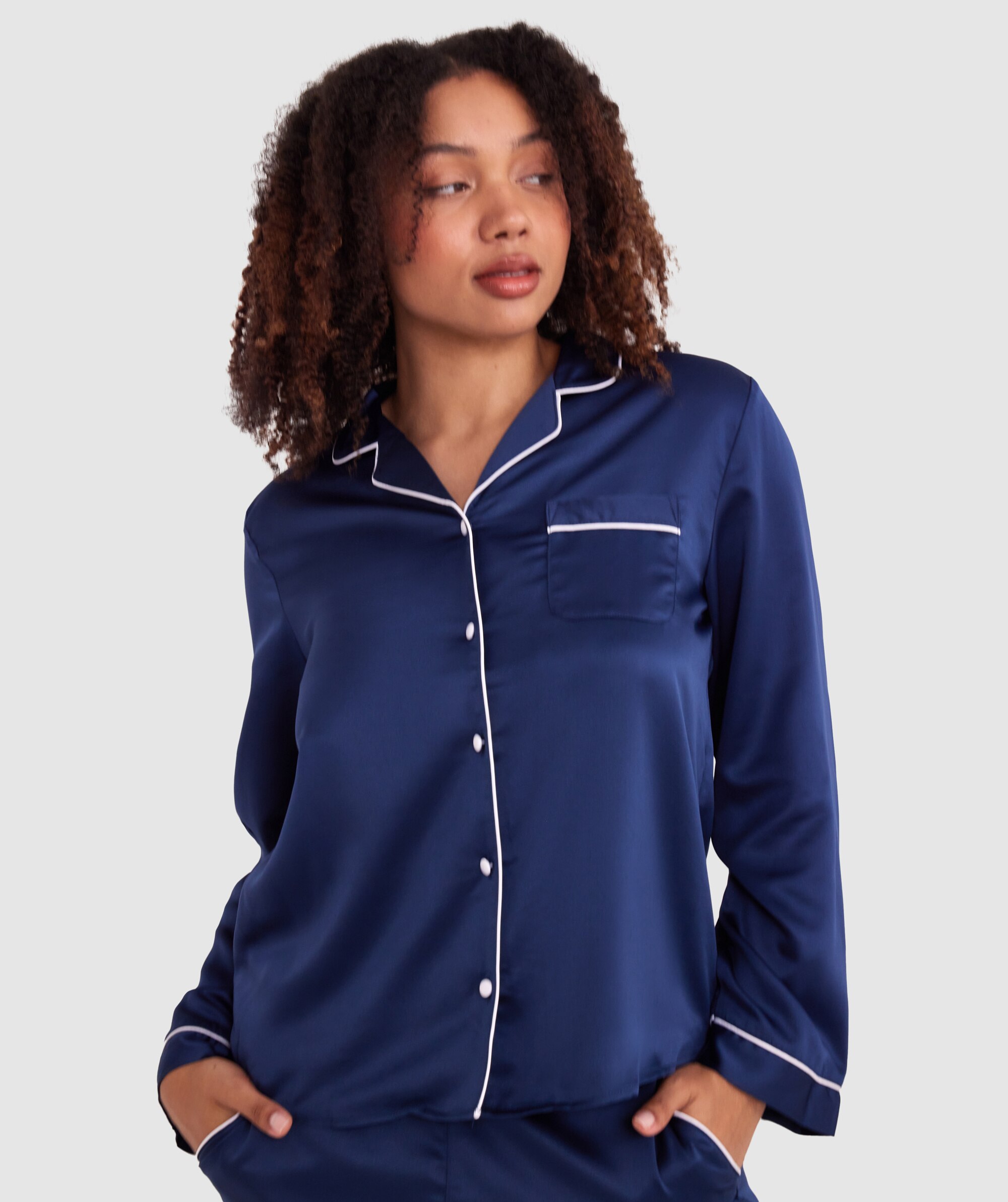 Liquid Satin Long Sleeve Top  - Navy