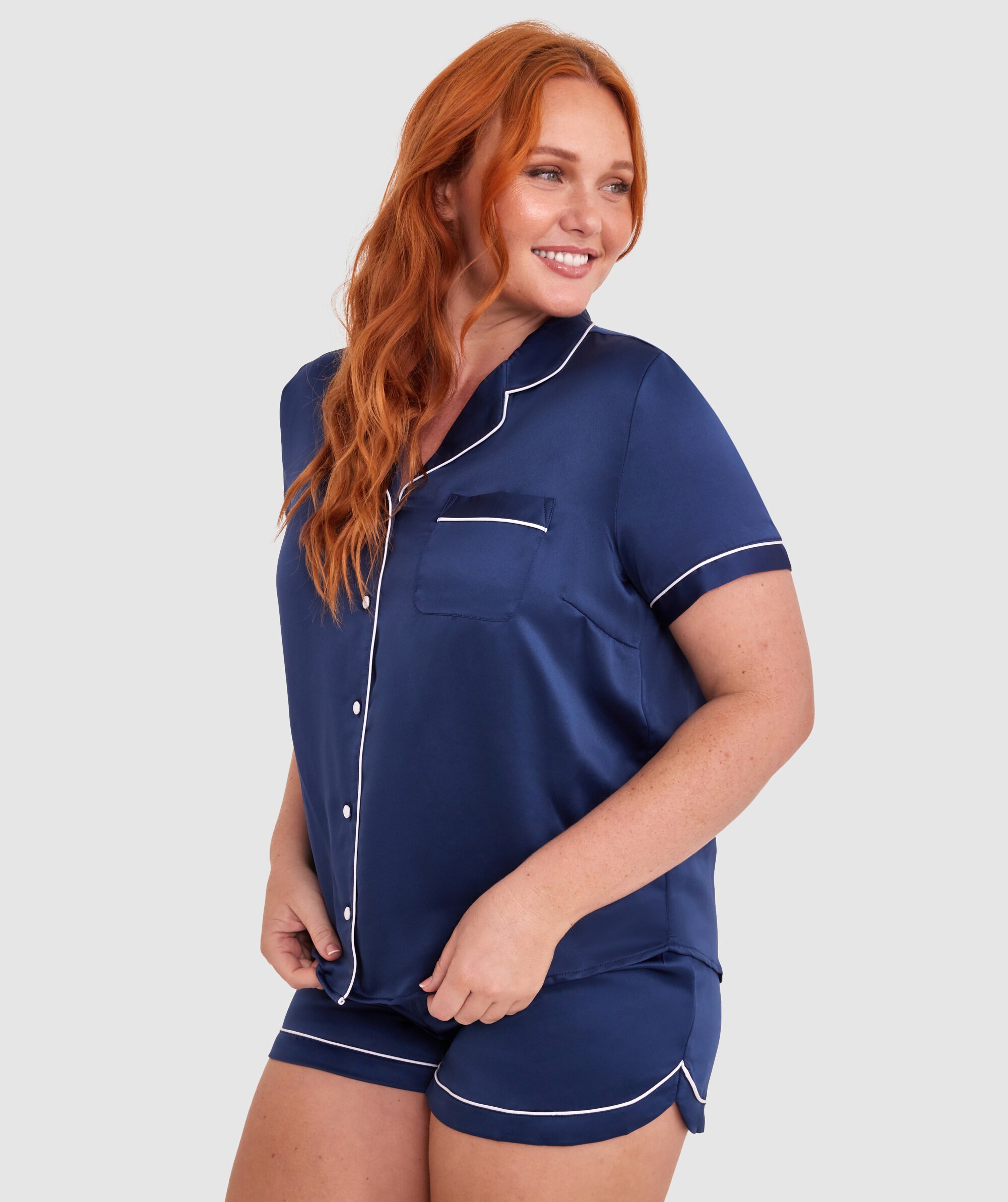 Liquid Satin Short Sleeve Top  - Navy