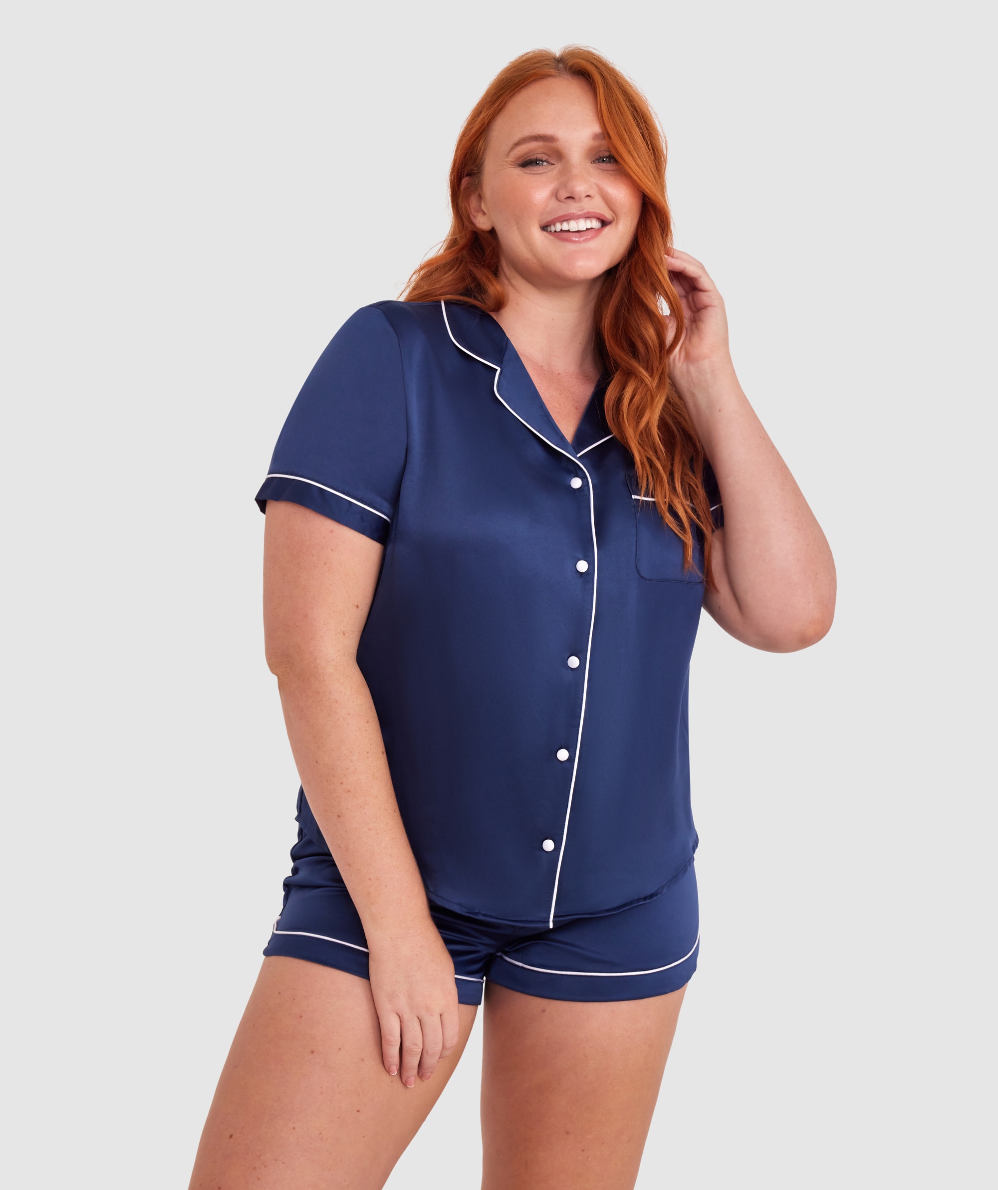 Liquid Satin Short Sleeve Top  - Navy
